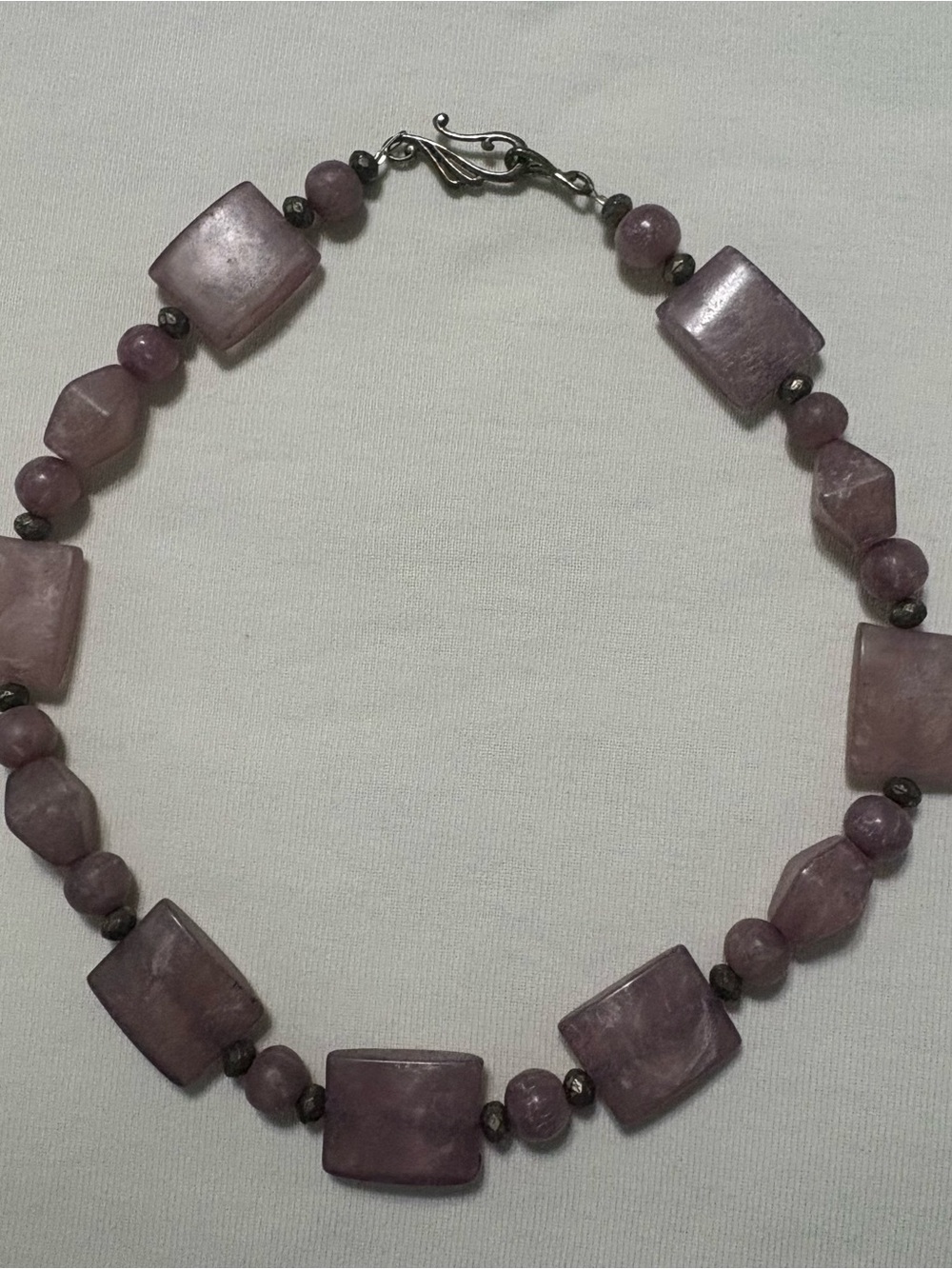 Purple Chunky Beaded Statement Necklace 16” Rectangular Beads Silver Tone Clasp